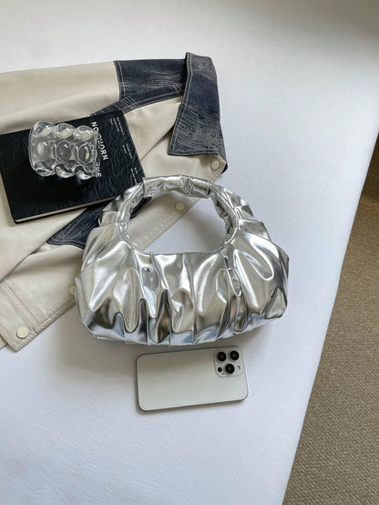 Metallic Luster Premium Texture Pleated Mini Handbag, Round Handle Pleated Underarm Bag, Party Evening Clutch