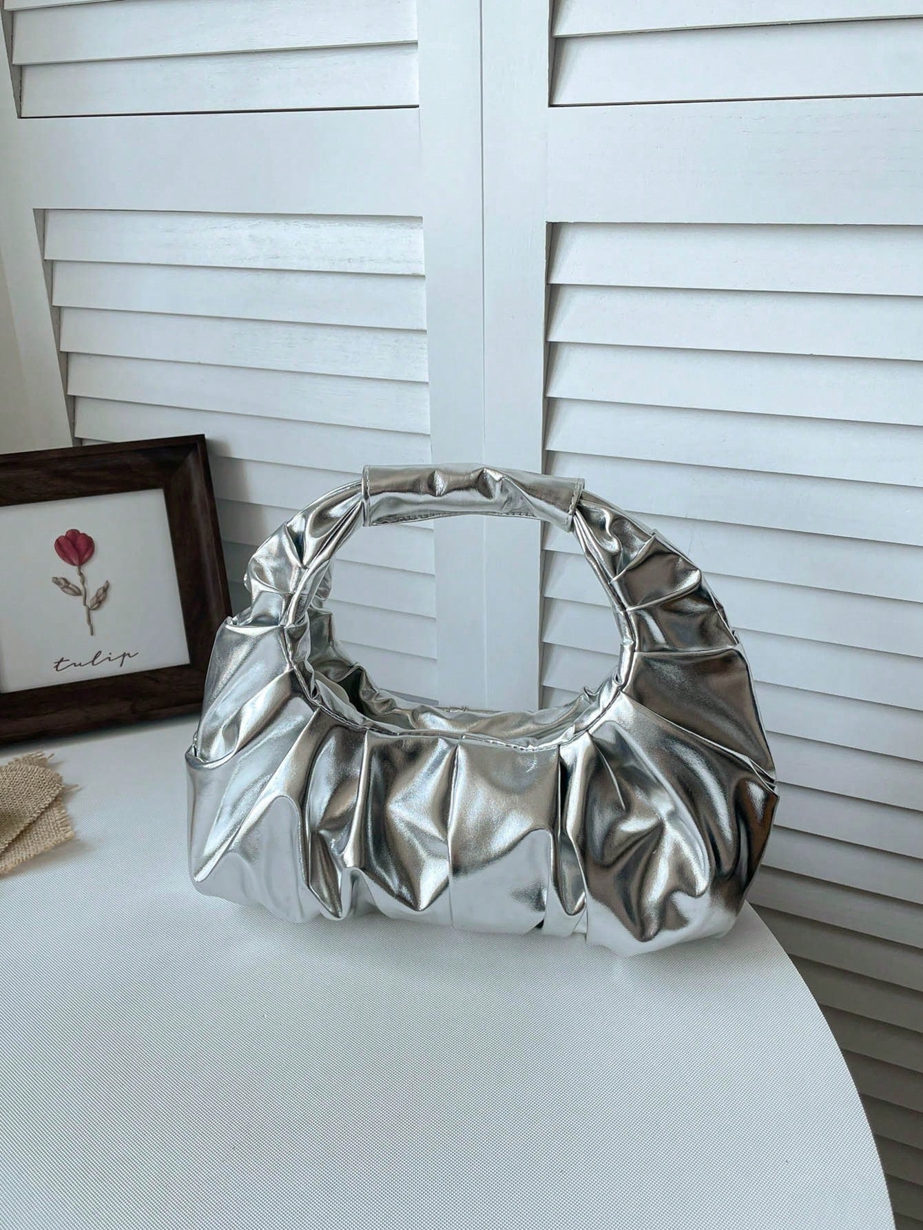 Metallic Luster Premium Texture Pleated Mini Handbag, Round Handle Pleated Underarm Bag, Party Evening Clutch