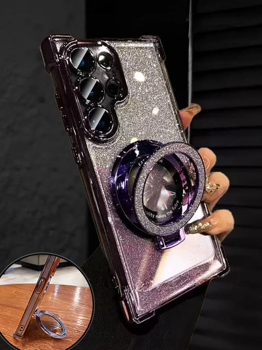 MewTrek Luxury Electroplated Transparent Phone Case With Ring Magnetic Stand, Shockproof & Anti-Drop, Rhinestone Glitter, Y2K Style, Summer New Fashion Silicone Soft Shell, Compatible With IPhone, Gal