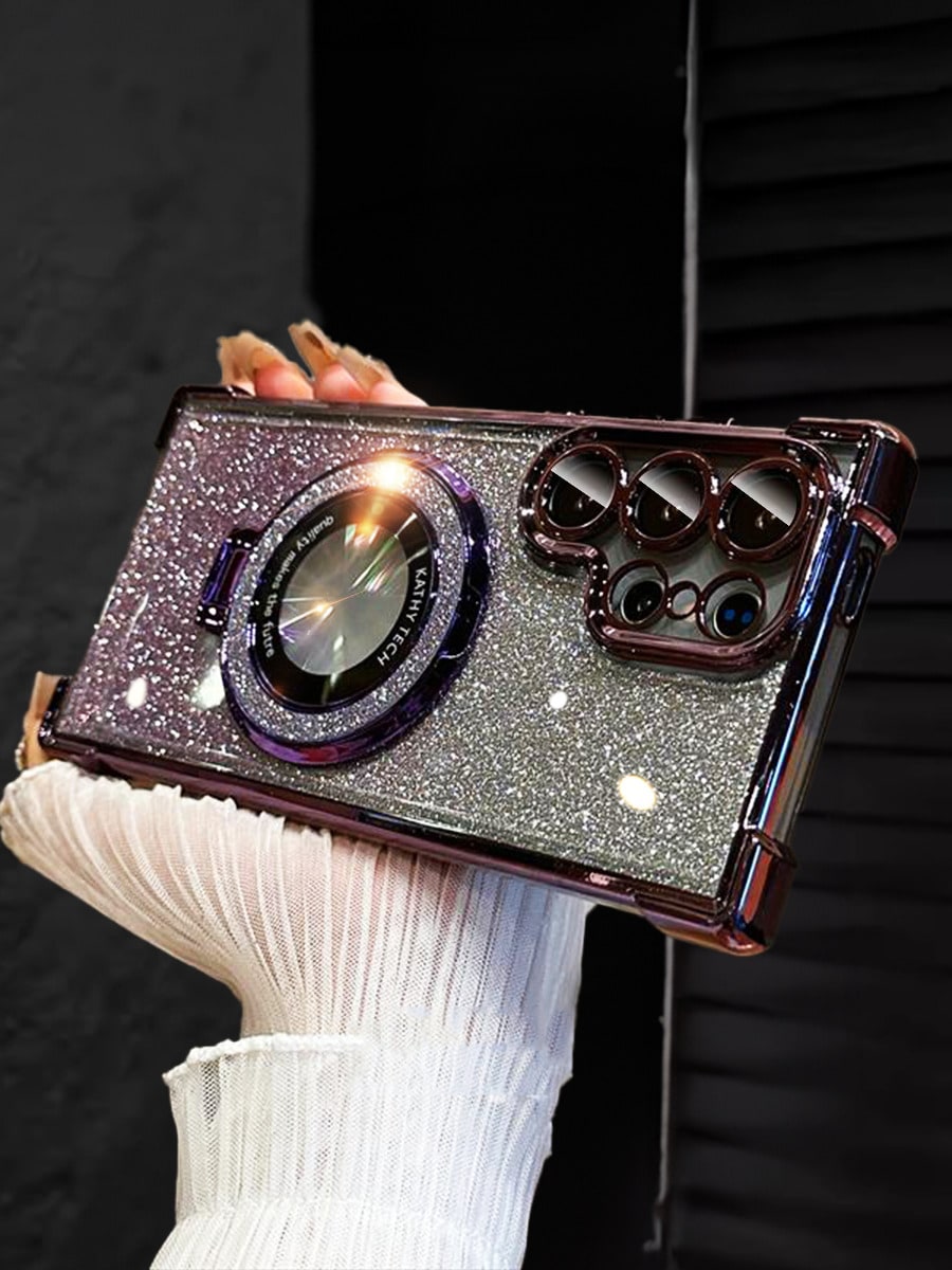 MewTrek Luxury Electroplated Transparent Phone Case With Ring Magnetic Stand, Shockproof & Anti-Drop, Rhinestone Glitter, Y2K Style, Summer New Fashion Silicone Soft Shell, Compatible With IPhone, Gal