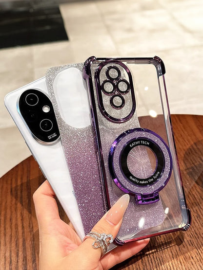 MewTrek Luxury Electroplated Transparent Phone Case With Ring Magnetic Stand, Shockproof & Anti-Drop, Rhinestone Glitter, Y2K Style, Summer New Fashion Silicone Soft Shell, Compatible With IPhone, Gal