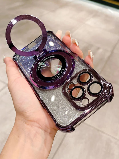 MewTrek Luxury Electroplated Transparent Phone Case With Ring Magnetic Stand, Shockproof & Anti-Drop, Rhinestone Glitter, Y2K Style, Summer New Fashion Silicone Soft Shell, Compatible With IPhone, Gal