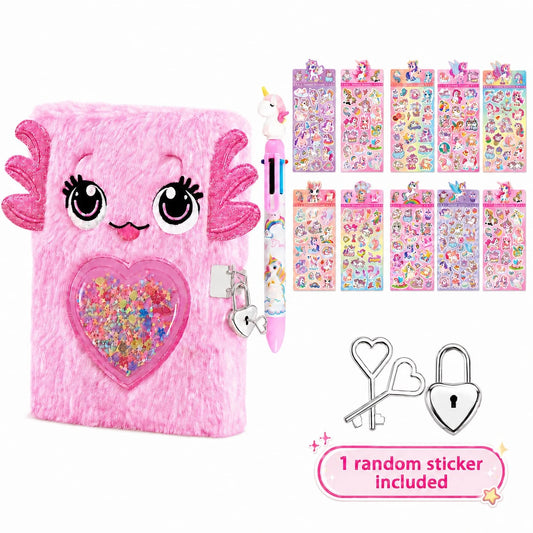 Mexican Axolotl Girl Diary With Lock And Key, Children's Diary/Travel Notebook Gift Set, Suitable For Writing And Drawing, First Day Of School