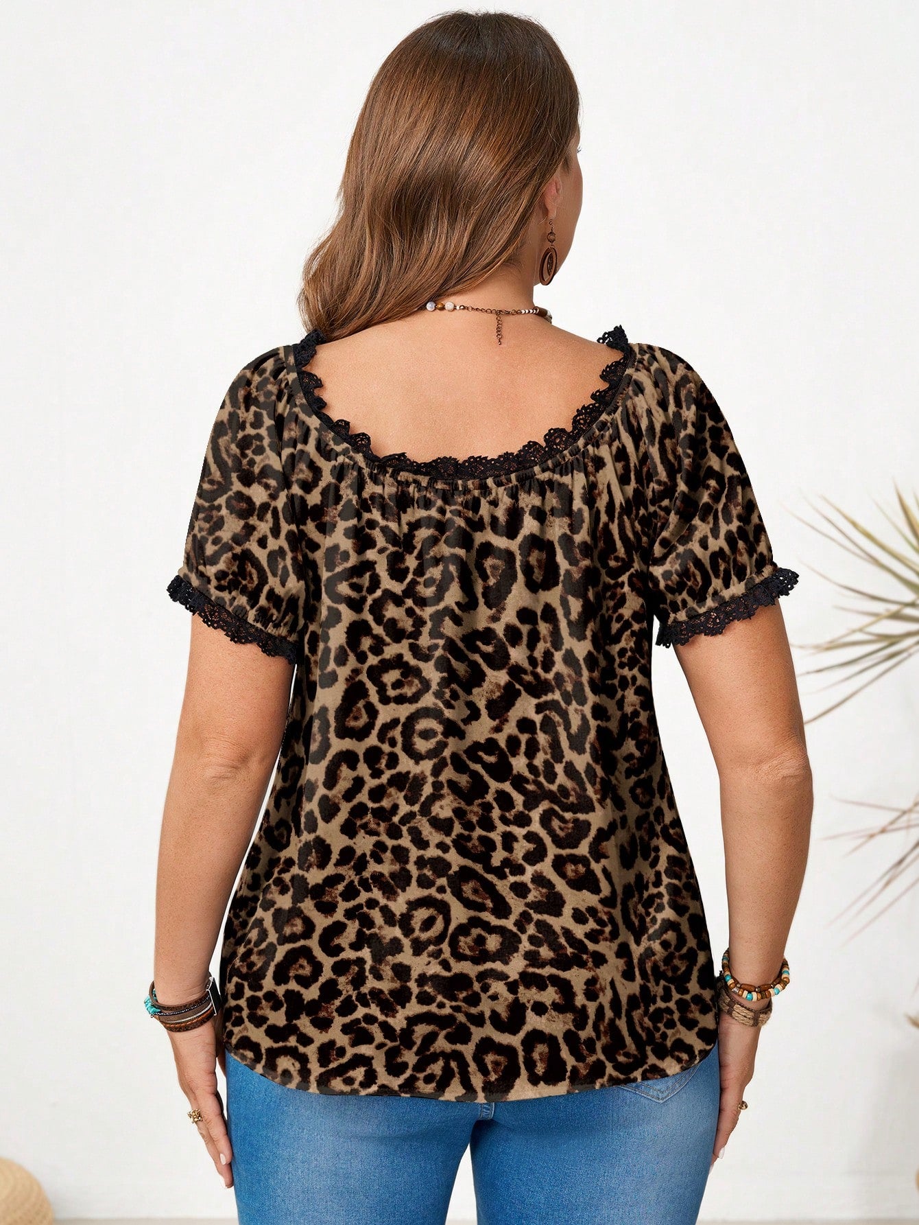 Miaspire Leopard Print Lace Trim Plus Size Blouse