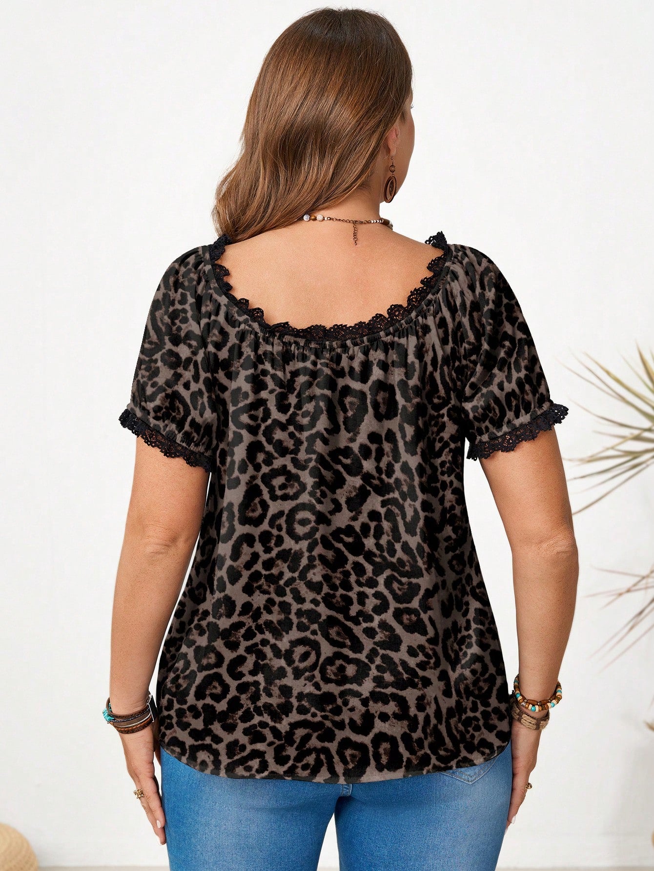 Miaspire Leopard Print Lace Trim Plus Size Blouse