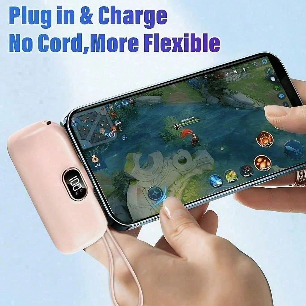 Mini Black 5000mAh Plug-In Power Bank With Lightning Tip, Built-In USB-C Cable And 22.5W Fast Charging, With LED Percentage Readout, Smooth Capsule-Style Body And Wrist Lanyard For Daily Carry, Suited