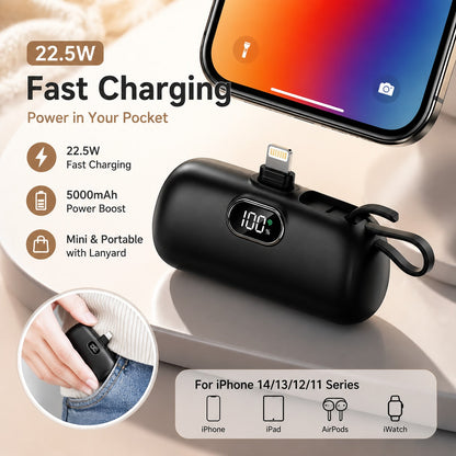 Mini Black 5000mAh Plug-In Power Bank With Lightning Tip, Built-In USB-C Cable And 22.5W Fast Charging, With LED Percentage Readout, Smooth Capsule-Style Body And Wrist Lanyard For Daily Carry, Suited