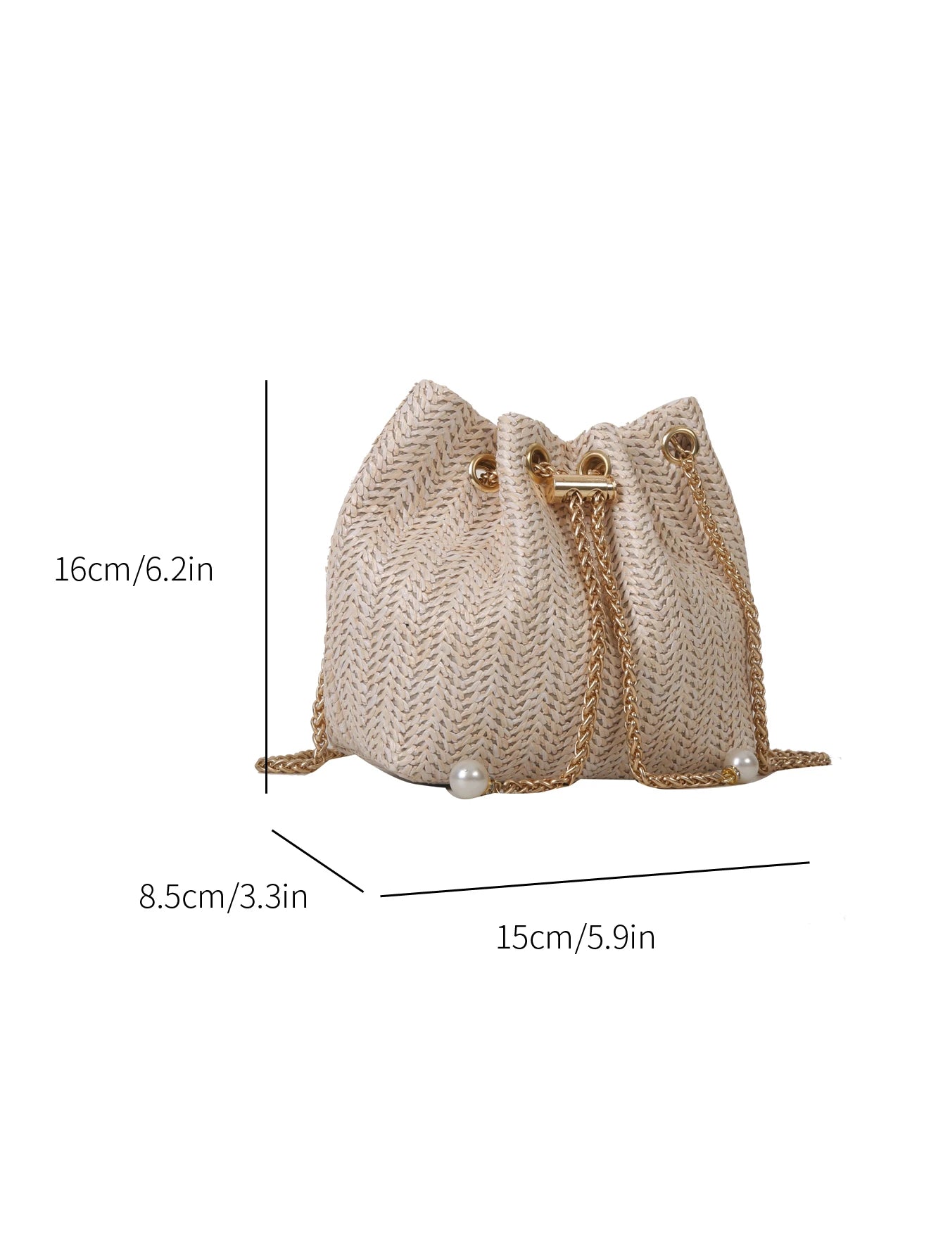 Mini Fashionable Straw Woven Golden Chain Drawstring Bucket Bag, Beach Bag, Vacation Bag For Summer, Beach Purse, Perfect For Summer
