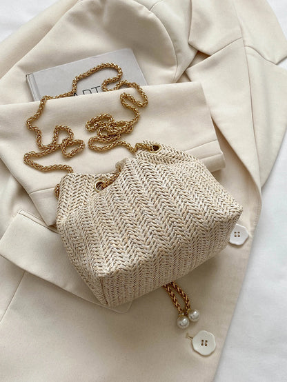 Mini Fashionable Straw Woven Golden Chain Drawstring Bucket Bag, Beach Bag, Vacation Bag For Summer, Beach Purse, Perfect For Summer