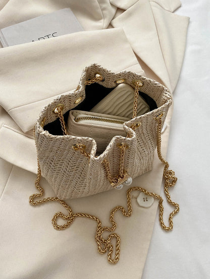 Mini Fashionable Straw Woven Golden Chain Drawstring Bucket Bag, Beach Bag, Vacation Bag For Summer, Beach Purse, Perfect For Summer
