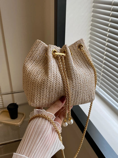 Mini Fashionable Straw Woven Golden Chain Drawstring Bucket Bag, Beach Bag, Vacation Bag For Summer, Beach Purse, Perfect For Summer