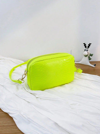 Mini Neon Yellow Snakeskin Embossed Metal Decor Square Bag, Yellow