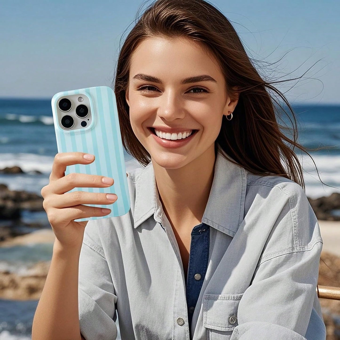 Minimalist Blue Striped Fashion Phone Case, Blue And White Vertical Stripe Design, Retro Minimalist & Vintage Aesthetic Style, Compatible With IPhone 17/16/15/14/13/12/11 Pro Max, Ideal Birthday Gift