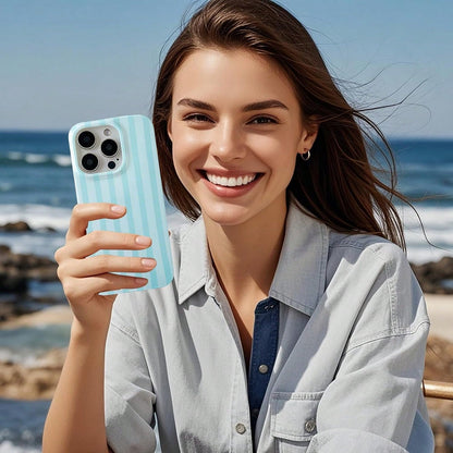 Minimalist Blue Striped Fashion Phone Case, Blue And White Vertical Stripe Design, Retro Minimalist & Vintage Aesthetic Style, Compatible With IPhone 17/16/15/14/13/12/11 Pro Max, Ideal Birthday Gift