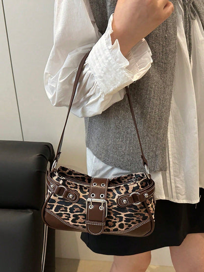 Minimalist Chic Leopard Print Shoulder Bag For Women, Vintage Y2K Crescent Underarm Bag, Stylish Small Designer Handbag