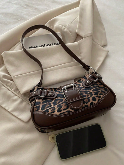 Minimalist Chic Leopard Print Shoulder Bag For Women, Vintage Y2K Crescent Underarm Bag, Stylish Small Designer Handbag