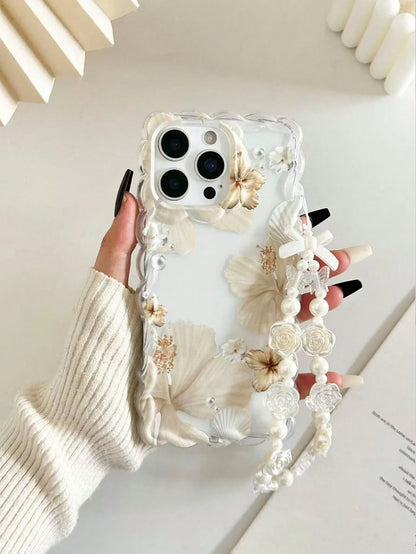 Minimalist TPU Flower Element Shockproof Floral Painted Braided Wave Edge Elegant Phone Case With Handmade Beaded Bracelet Accessory, Compatible With 17pro/17Air/17/17promax/16/16pro/16plus/16promax/1
