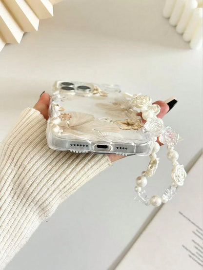 Minimalist TPU Flower Element Shockproof Floral Painted Braided Wave Edge Elegant Phone Case With Handmade Beaded Bracelet Accessory, Compatible With 17pro/17Air/17/17promax/16/16pro/16plus/16promax/1