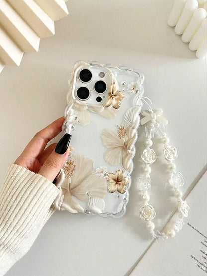 Minimalist TPU Flower Element Shockproof Floral Painted Braided Wave Edge Elegant Phone Case With Handmade Beaded Bracelet Accessory, Compatible With 17pro/17Air/17/17promax/16/16pro/16plus/16promax/1