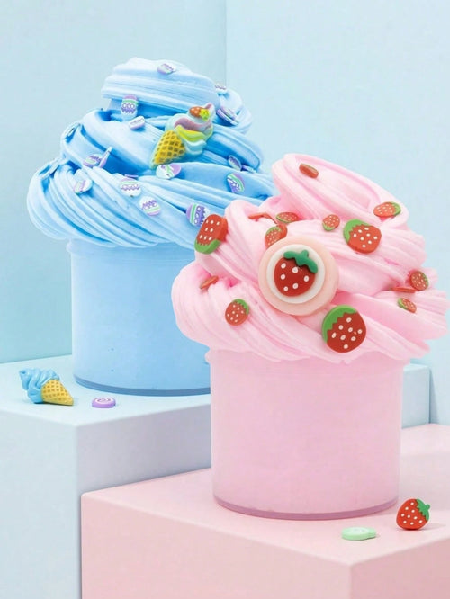 MINKOJA 70ml Strawberry Ice Cream Scented Butter Slime- Fluffy Blue & Pink Slime, Suitable For Kids, Ideal Party Favor, Comes With Fun Slime Accessories, Unisex(Some Parts' Color And Style Are Sent R