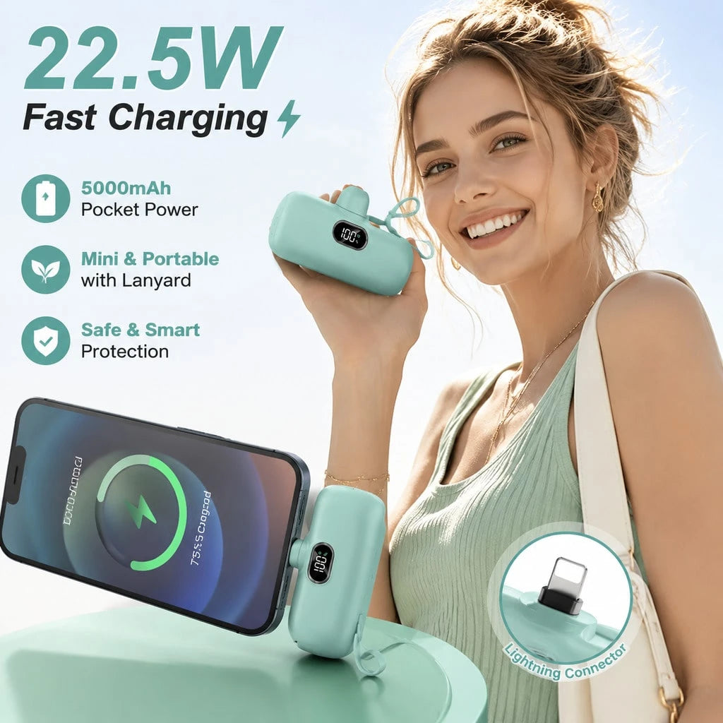 Mint 5000mAh Pocket Power Bank With Lightning Plug, USB-C Cable And 22.5W Fast Charging, Featuring A Digital Battery Indicator, Compact Mint Shell And Lanyard Loop For Handbag Storage, Works With 14