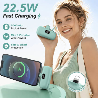 Mint 5000mAh Pocket Power Bank With Lightning Plug, USB-C Cable And 22.5W Fast Charging, Featuring A Digital Battery Indicator, Compact Mint Shell And Lanyard Loop For Handbag Storage, Works With 14