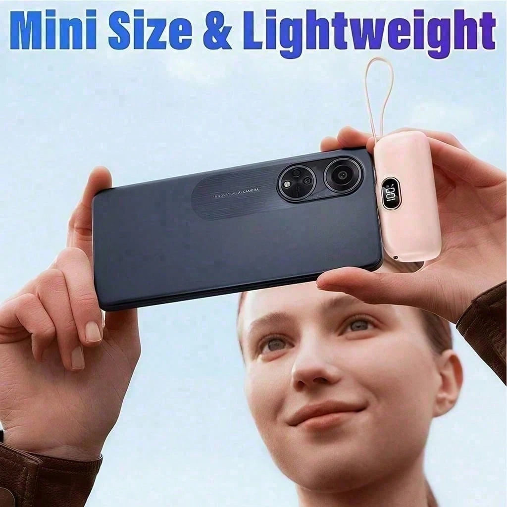 Mint 5000mAh Pocket Power Bank With Lightning Plug, USB-C Cable And 22.5W Fast Charging, With Digital Power Level Readout, Compact Capsule Profile And Carrying Loop For Travel Bags, Made For IPhone 14