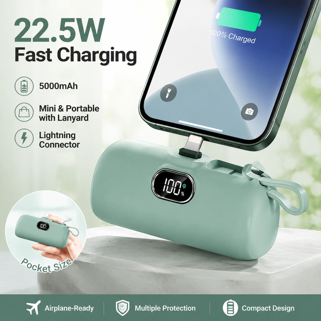 Mint 5000mAh Pocket Power Bank With Lightning Plug, USB-C Cable And 22.5W Fast Charging, With Digital Power Level Readout, Compact Capsule Profile And Carrying Loop For Travel Bags, Made For IPhone 14