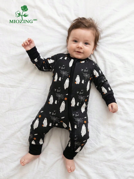 MIOZING Black Halloween Romper, Long Sleeve Zipper Infant Jumpsuit, Ghost Spider Pattern Daily Outfit, Breathable Bamboo Fiber Fabric For Baby Boys