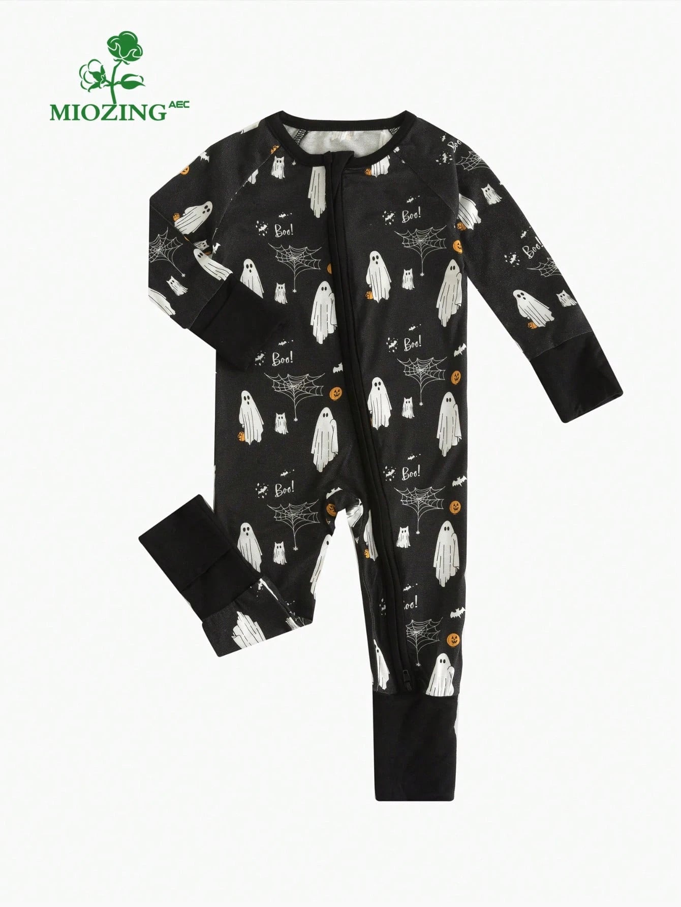 MIOZING Black Halloween Romper, Long Sleeve Zipper Infant Jumpsuit, Ghost Spider Pattern Daily Outfit, Breathable Bamboo Fiber Fabric For Baby Boys
