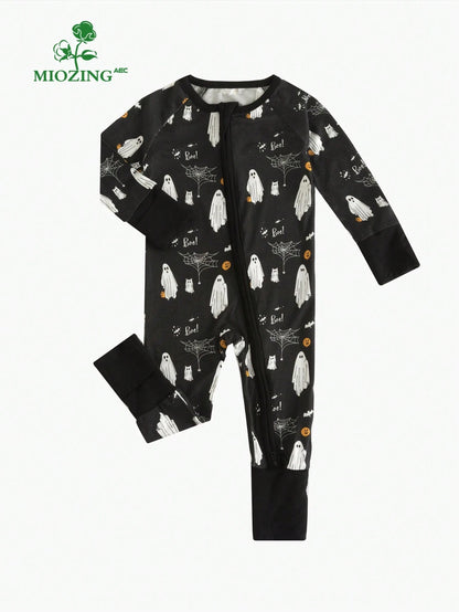 MIOZING Black Halloween Romper, Long Sleeve Zipper Infant Jumpsuit, Ghost Spider Pattern Daily Outfit, Breathable Bamboo Fiber Fabric For Baby Boys