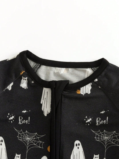 MIOZING Black Halloween Romper, Long Sleeve Zipper Infant Jumpsuit, Ghost Spider Pattern Daily Outfit, Breathable Bamboo Fiber Fabric For Baby Boys