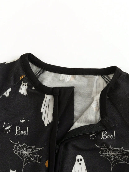 MIOZING Black Halloween Romper, Long Sleeve Zipper Infant Jumpsuit, Ghost Spider Pattern Daily Outfit, Breathable Bamboo Fiber Fabric For Baby Boys