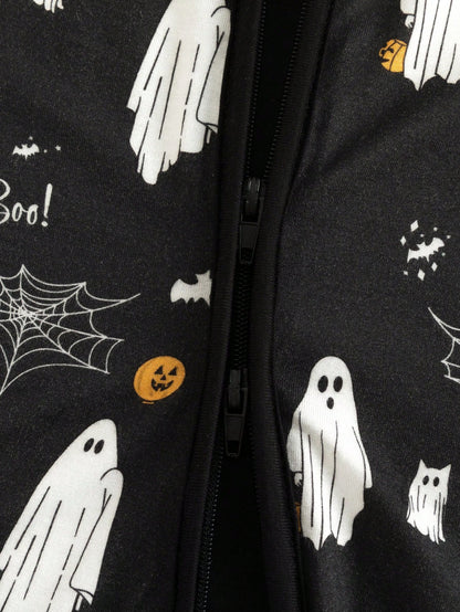 MIOZING Black Halloween Romper, Long Sleeve Zipper Infant Jumpsuit, Ghost Spider Pattern Daily Outfit, Breathable Bamboo Fiber Fabric For Baby Boys