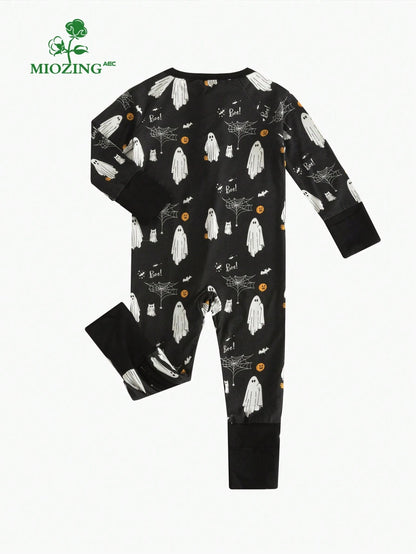 MIOZING Black Halloween Romper, Long Sleeve Zipper Infant Jumpsuit, Ghost Spider Pattern Daily Outfit, Breathable Bamboo Fiber Fabric For Baby Boys