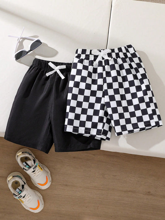 Mirajuku Young Boy 2pcs Comfortable And Breathable Black And White Colored Shorts For Casual Daily Wear, Ideal For Summer