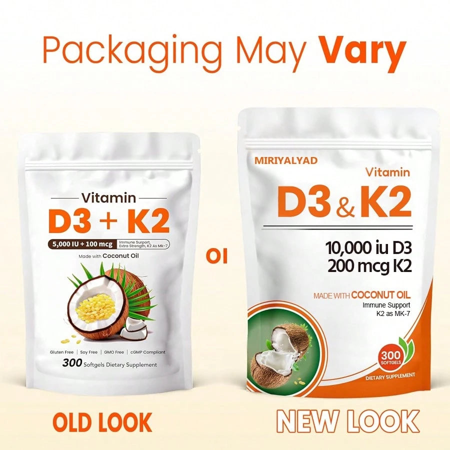 Miriyalyad Corefeel Vitamin D3 K2, 5000 D3 100mcg K2, 300 Softgels, 2-In-1 Vitamin D & K Supplement With Coconut Oil, Supports Calcium Absorption And Bone Health, Easy To Swallow