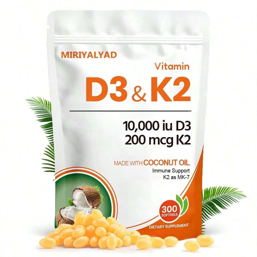Miriyalyad Corefeel Vitamin D3 K2, 5000 D3 100mcg K2, 300 Softgels, 2-In-1 Vitamin D & K Supplement With Coconut Oil, Supports Calcium Absorption And Bone Health, Easy To Swallow