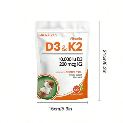Miriyalyad Corefeel Vitamin D3 K2, 5000 D3 100mcg K2, 300 Softgels, 2-In-1 Vitamin D & K Supplement With Coconut Oil, Supports Calcium Absorption And Bone Health, Easy To Swallow