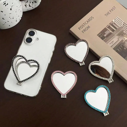Mirror Heart Shaped Adhesive Phone Stand, Stable Desktop Phone Holder, Pop-Out Socket Phone Grip, Phone Accessories, Phone Decoration, Phone Essentials, Telescopic Phone Stand, Phone Grip, Small Gift