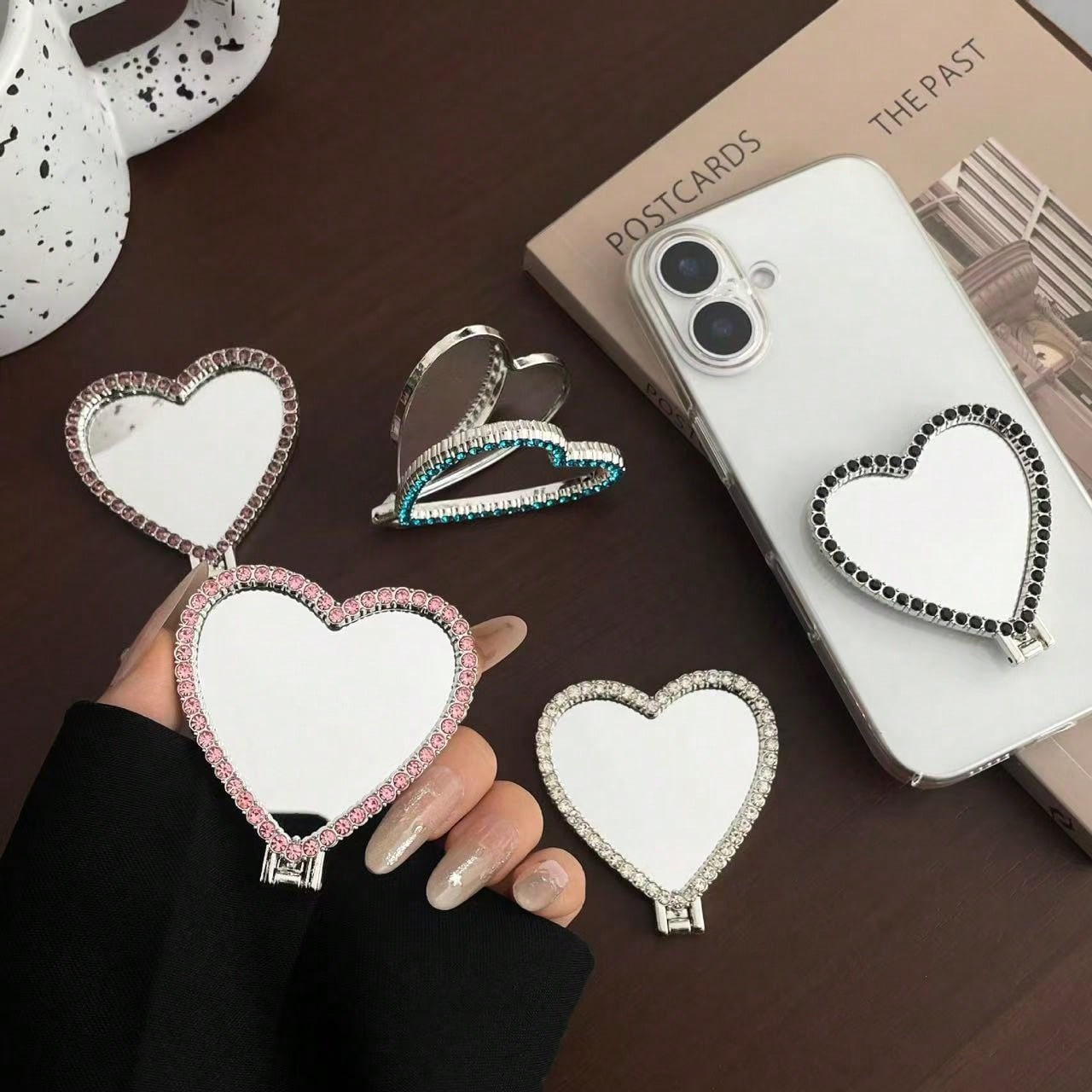 Mirror Heart Shaped Adhesive Phone Stand, Stable Desktop Phone Holder, Pop-Out Socket Phone Grip, Phone Accessories, Phone Decoration, Phone Essentials, Telescopic Phone Stand, Phone Grip, Small Gift