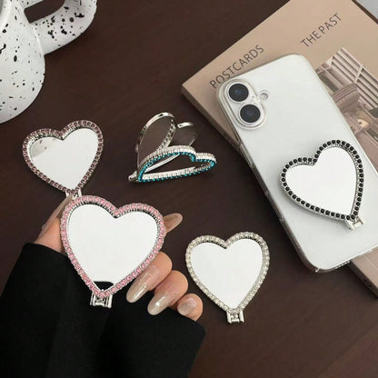Mirror Heart Shaped Adhesive Phone Stand, Stable Desktop Phone Holder, Pop-Out Socket Phone Grip, Phone Accessories, Phone Decoration, Phone Essentials, Telescopic Phone Stand, Phone Grip, Small Gift