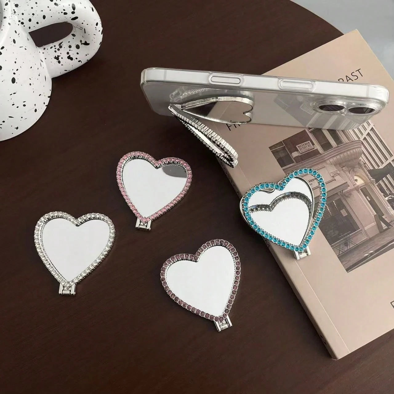 Mirror Heart Shaped Adhesive Phone Stand, Stable Desktop Phone Holder, Pop-Out Socket Phone Grip, Phone Accessories, Phone Decoration, Phone Essentials, Telescopic Phone Stand, Phone Grip, Small Gift