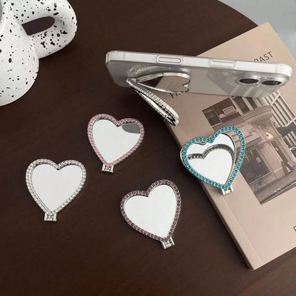 Mirror Heart Shaped Adhesive Phone Stand, Stable Desktop Phone Holder, Pop-Out Socket Phone Grip, Phone Accessories, Phone Decoration, Phone Essentials, Telescopic Phone Stand, Phone Grip, Small Gift