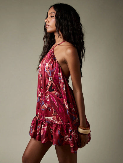 MISSGUIDED Halter Neck Ruffled Mini Dress Summer Festival Backless Party A Line Flowy Evening Satin Dress