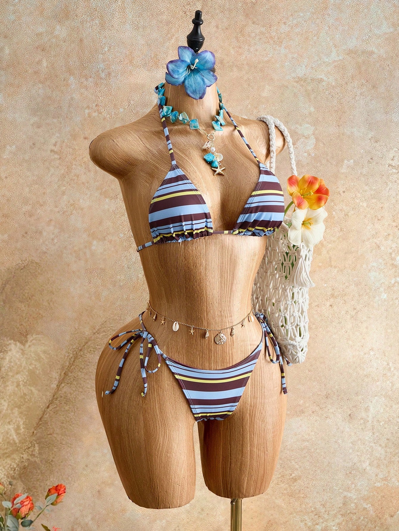 Mistrie Summer Women's 2-Piece Bikini Set Set, Striped Print Halter Neck Tie Bikini, Elegant Beach Vacation Party Back To School Fashion Swimwear