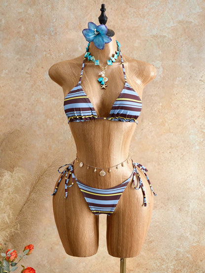 Mistrie Summer Women's 2-Piece Bikini Set Set, Striped Print Halter Neck Tie Bikini, Elegant Beach Vacation Party Back To School Fashion Swimwear