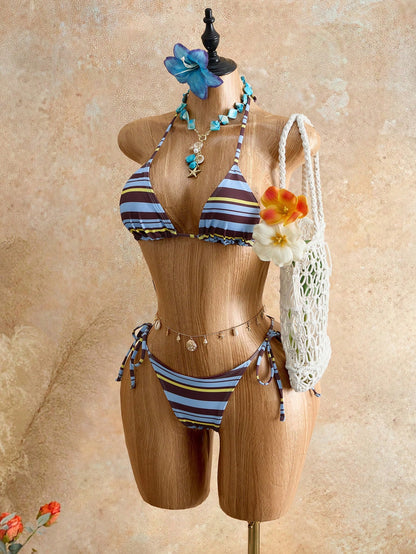 Mistrie Summer Women's 2-Piece Bikini Set Set, Striped Print Halter Neck Tie Bikini, Elegant Beach Vacation Party Back To School Fashion Swimwear