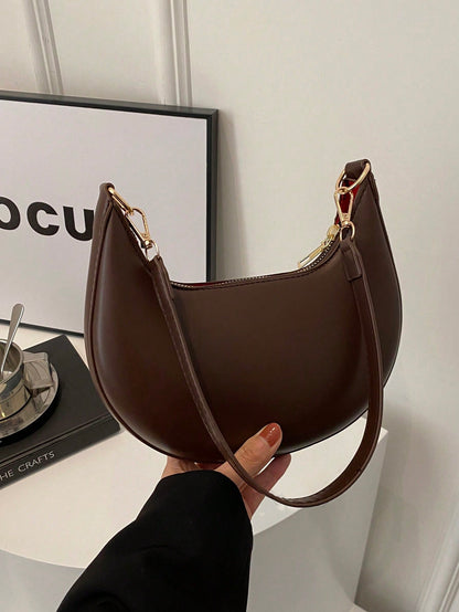 MOD 1pc Coffee Brown Crescent-Shaped PU Leather Shoulder Bag, Fashion Simple Solid Color Women Underarm Bag, Autumn/Winter, Old Money,Business Professional Women, Quiet Luxury