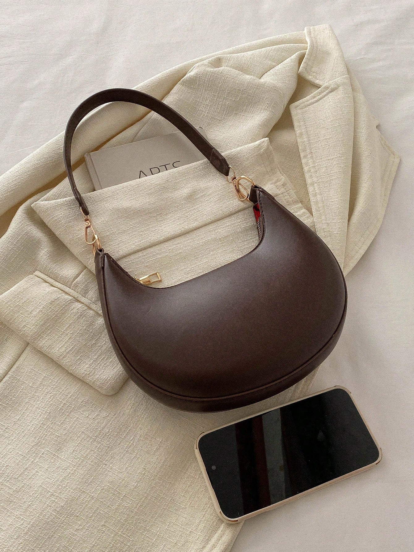 MOD 1pc Coffee Brown Crescent-Shaped PU Leather Shoulder Bag, Fashion Simple Solid Color Women Underarm Bag, Autumn/Winter, Old Money,Business Professional Women, Quiet Luxury